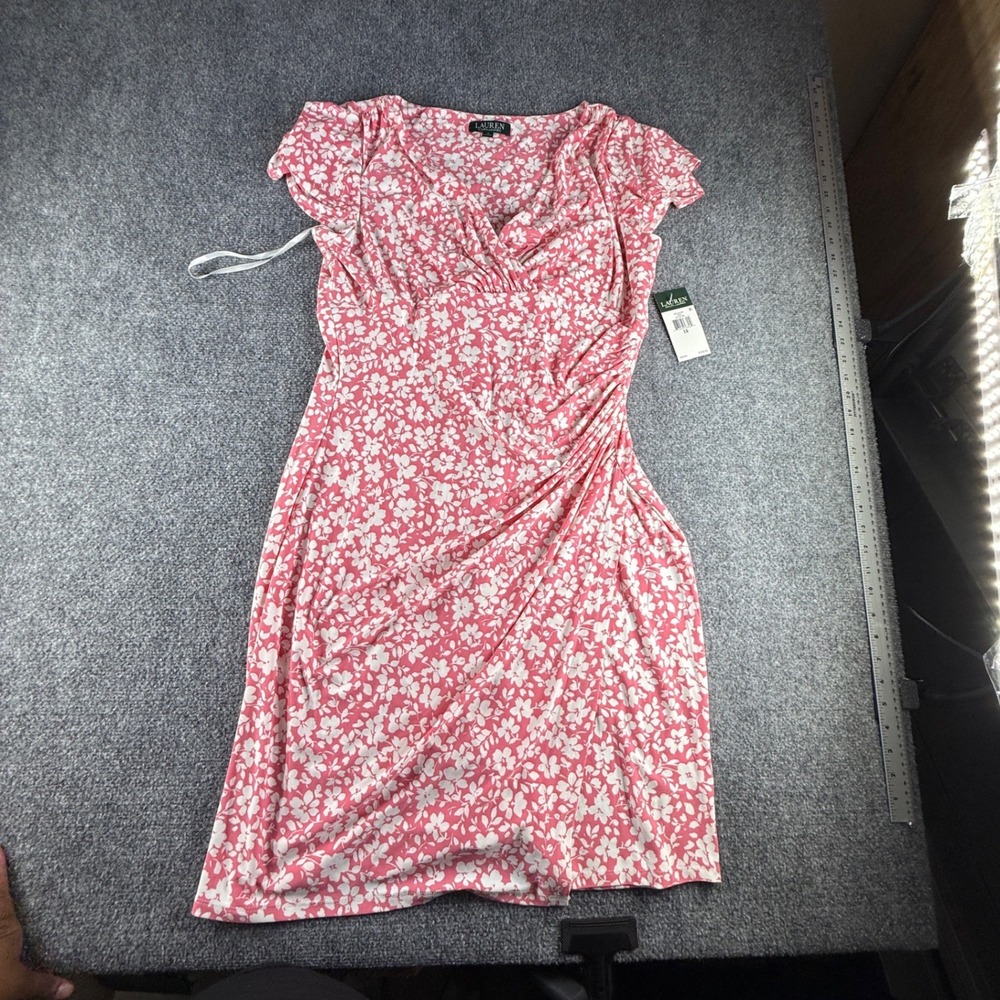 Lauren Ralph Lauren Floral Faux Wrap Dress Nectar Cream Pink White 16 NEW